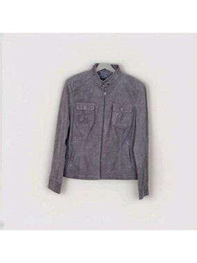 Danier Leather Jacket Blazer Women L Gray Pockets Zip Lined Minimalist Grunge